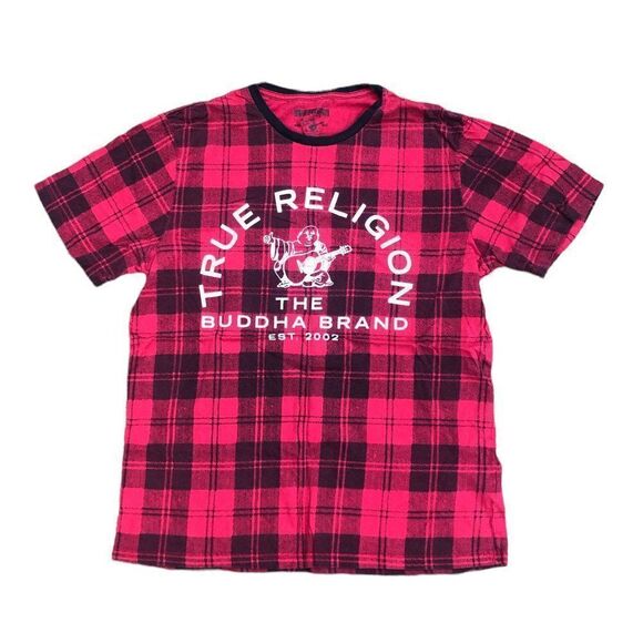 TRUE Religion T Shirt Plaid BIG LOGO RED Large - Picture 1 of 6
